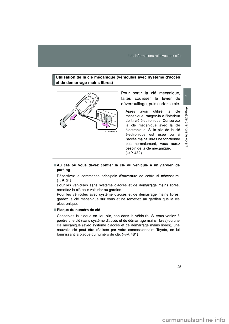 TOYOTA 86 2018 Manuel du propriétaire (in French) 25
1-1. Informations relatives aux clés
1
Avant de prendre le volant
86_D (OM18086D)
Utilisation de la clé mécanique (véhicules avec système daccès
et de démarrage mains libres)
Pour sortir la TOYOTA 86 2018 Manuel du propriétaire (in French) 25
1-1. Informations relatives aux clés
1
Avant de prendre le volant
86_D (OM18086D)
Utilisation de la clé mécanique (véhicules avec système daccès
et de démarrage mains libres)
Pour sortir la