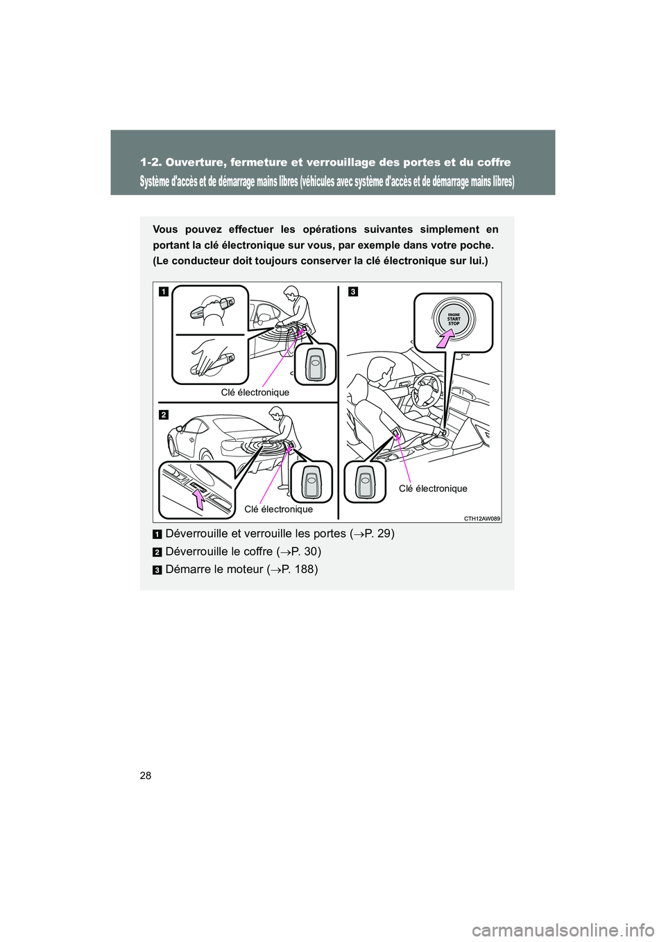 TOYOTA 86 2018 Manuel du propriétaire (in French) 28
86_D (OM18086D)
1-2.Ouverture, fermeture et verrouillage des portes et du coffre
Système daccès et de démarrage mains libres (véhicules avec système daccès et de démarrage mains libres)
Vo TOYOTA 86 2018 Manuel du propriétaire (in French) 28
86_D (OM18086D)
1-2.Ouverture, fermeture et verrouillage des portes et du coffre
Système daccès et de démarrage mains libres (véhicules avec système daccès et de démarrage mains libres)
Vo
