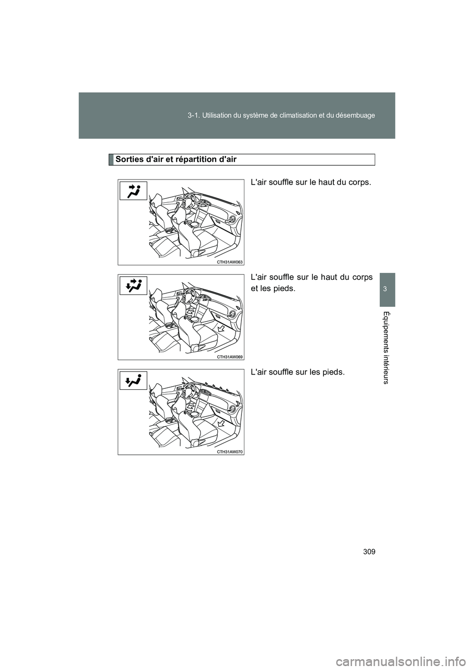 TOYOTA 86 2018 Manuel du propriétaire (in French) 309
3-1.
Utilisation du système de climatisation et du désembuage
3
Équipements intérieurs
86_D (OM18086D)
Sorties dair et répartition dair
Lair souffle sur le haut du corps.
Lair souffle su TOYOTA 86 2018 Manuel du propriétaire (in French) 309
3-1.
Utilisation du système de climatisation et du désembuage
3
Équipements intérieurs
86_D (OM18086D)
Sorties dair et répartition dair
Lair souffle sur le haut du corps.
Lair souffle su