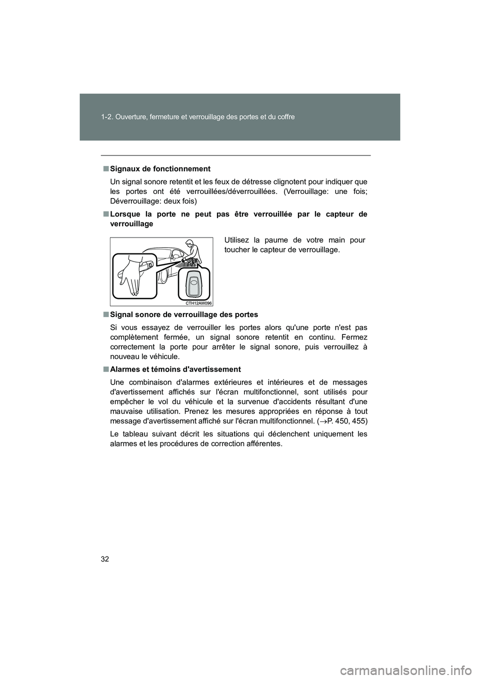 TOYOTA 86 2018 Manuel du propriétaire (in French) 32 1-2.
Ouverture, fermeture et verrouillage des portes et du coffre
86_D (OM18086D)
■Signaux de fonctionnement
Un signal sonore retentit et les feux de détresse clignotent pour indiquer que
les p TOYOTA 86 2018 Manuel du propriétaire (in French) 32 1-2.
Ouverture, fermeture et verrouillage des portes et du coffre
86_D (OM18086D)
■Signaux de fonctionnement
Un signal sonore retentit et les feux de détresse clignotent pour indiquer que
les p