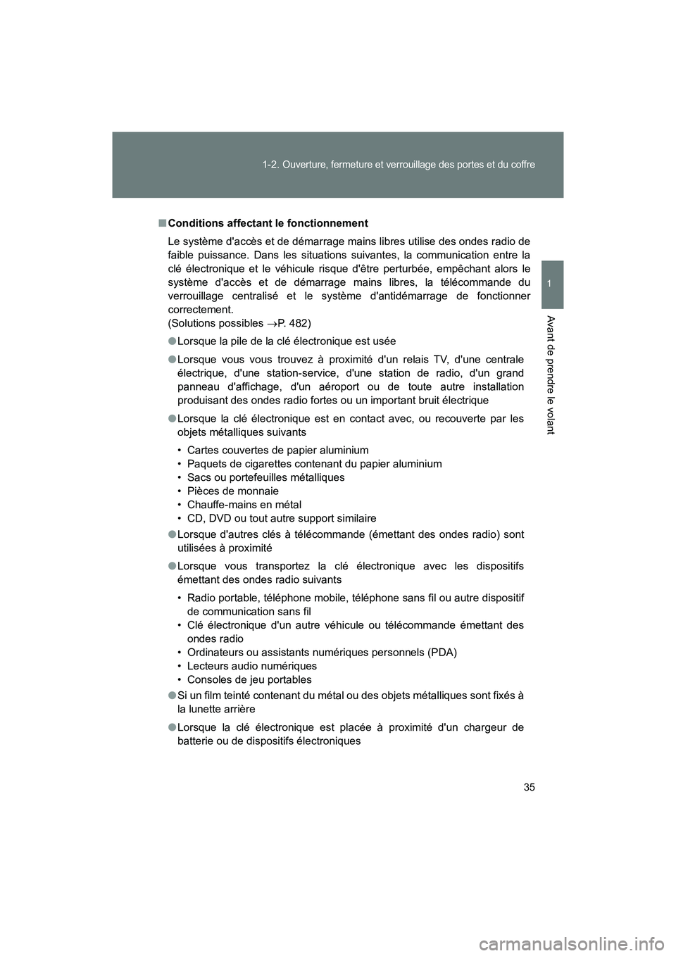 TOYOTA 86 2018 Manuel du propriétaire (in French) 35
1-2.
Ouverture, fermeture et verrouillage des portes et du coffre
1
Avant de prendre le volant
86_D (OM18086D)
■
Conditions affectant le fonctionnement
Le système daccès et de démarrage main TOYOTA 86 2018 Manuel du propriétaire (in French) 35
1-2.
Ouverture, fermeture et verrouillage des portes et du coffre
1
Avant de prendre le volant
86_D (OM18086D)
■
Conditions affectant le fonctionnement
Le système daccès et de démarrage main