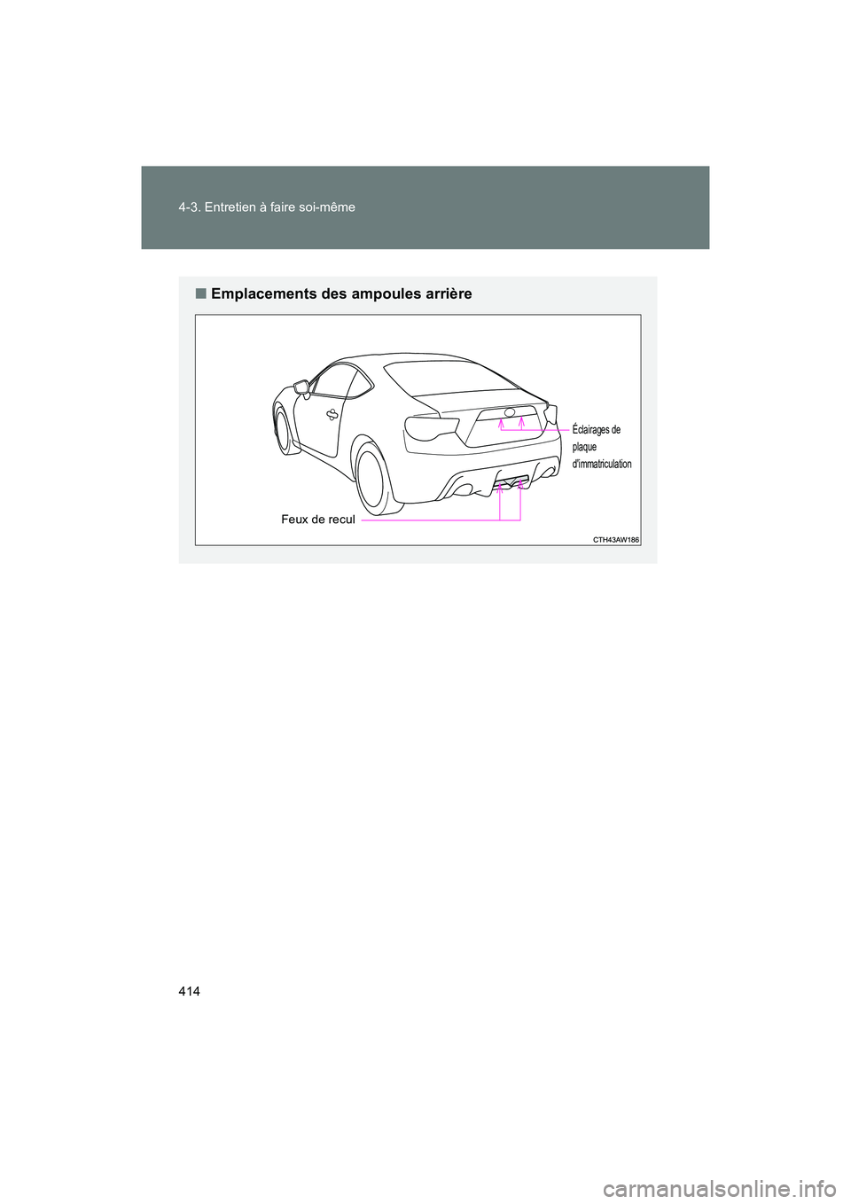 TOYOTA 86 2018  Manuel du propriétaire (in French) 414 4-3. Entretien à faire soi-même
86_D (OM18086D)
■Emplacements des ampoules arrière
Feux de recul
Éclairages de 
plaque 
dimmatriculation 