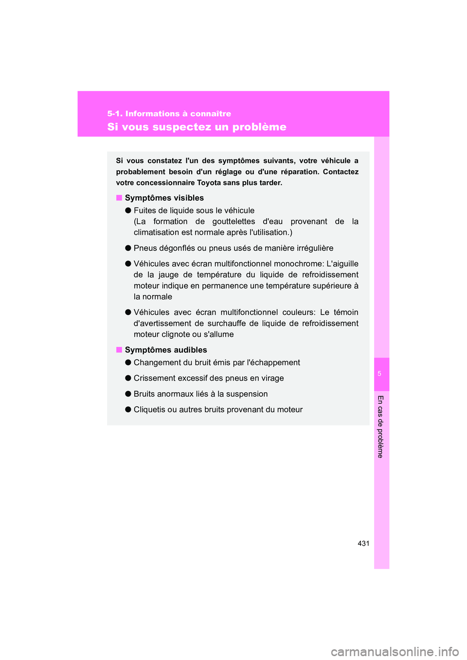 TOYOTA 86 2018  Manuel du propriétaire (in French) 5
En cas de problème
431
5-1. Informations à connaître
86_D (OM18086D)
Si vous suspectez un problème
Si vous constatez lun des symptômes suivants, votre véhicule a
probablement besoin dun rég