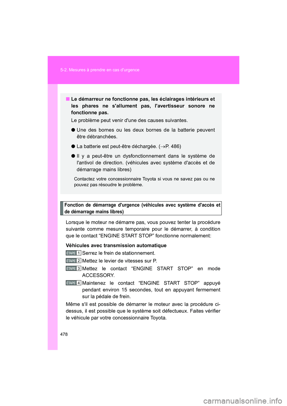 TOYOTA 86 2018 Manuel du propriétaire (in French) 478 5-2. Mesures à prendre en cas durgence
86_D (OM18086D)
Fonction de démarrage durgence (véhicules avec système daccès et
de démarrage mains libres)
Lorsque le moteur ne démarre pas, vous TOYOTA 86 2018 Manuel du propriétaire (in French) 478 5-2. Mesures à prendre en cas durgence
86_D (OM18086D)
Fonction de démarrage durgence (véhicules avec système daccès et
de démarrage mains libres)
Lorsque le moteur ne démarre pas, vous