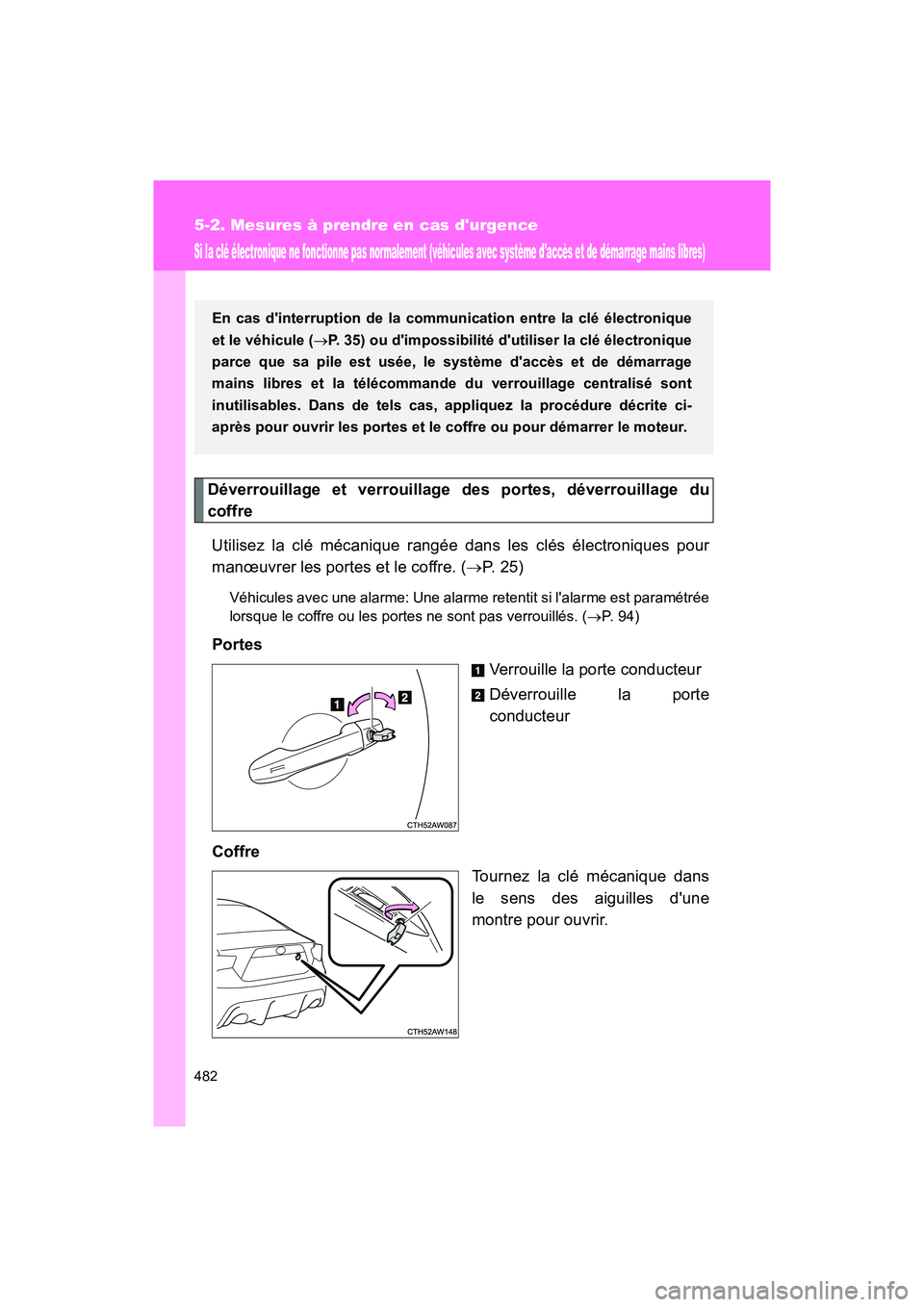 TOYOTA 86 2018 Manuel du propriétaire (in French) 482
5-2. Mesures à prendre en cas durgence
86_D (OM18086D)
Si la clé électronique ne fonctionne pas normalement (véhicules avec système daccès et de démarrage mains libres)
Déverrouillage et TOYOTA 86 2018 Manuel du propriétaire (in French) 482
5-2. Mesures à prendre en cas durgence
86_D (OM18086D)
Si la clé électronique ne fonctionne pas normalement (véhicules avec système daccès et de démarrage mains libres)
Déverrouillage et