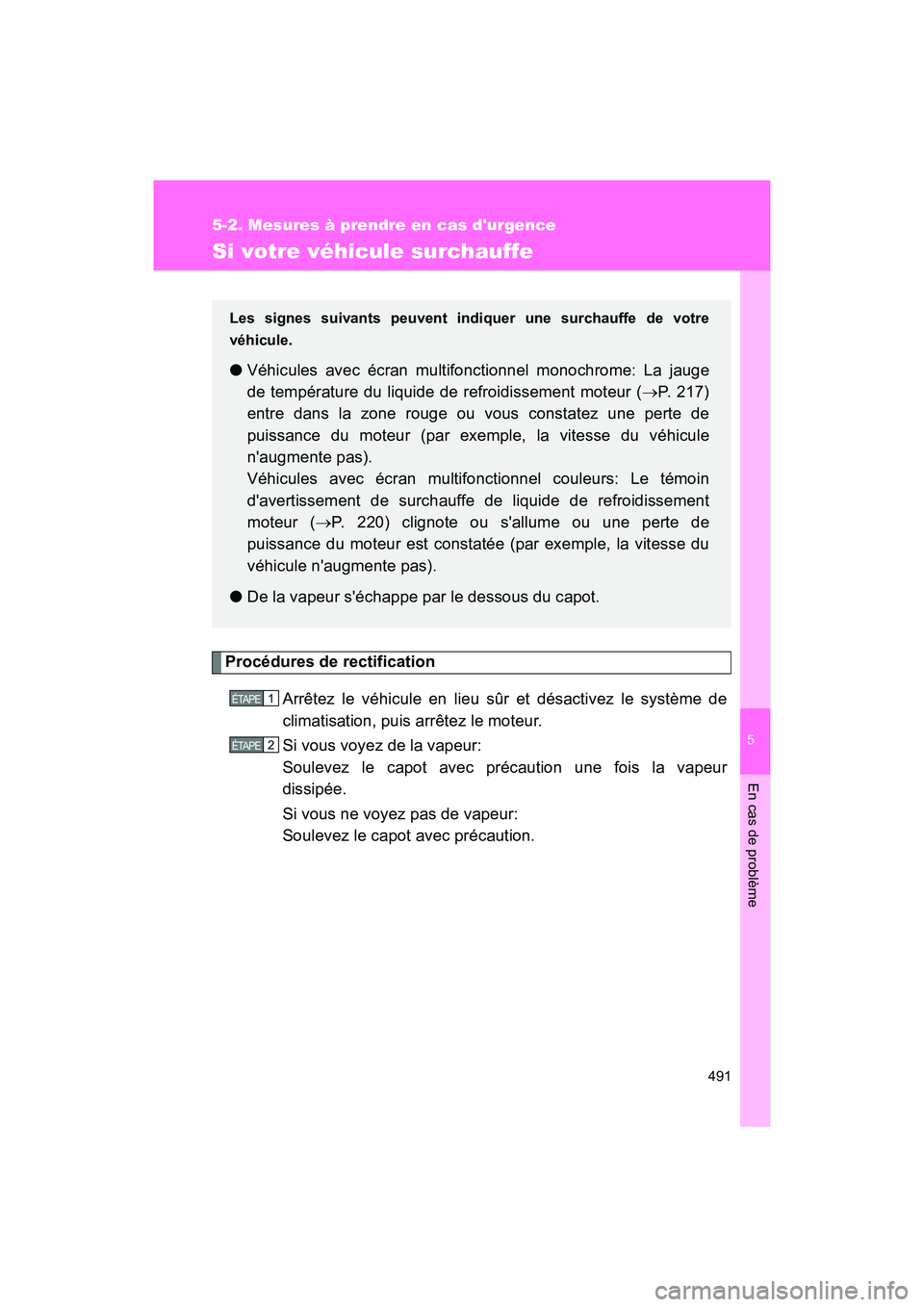 TOYOTA 86 2018 Manuel du propriétaire (in French) 5
En cas de problème
491
5-2. Mesures à prendre en cas durgence
86_D (OM18086D)
Si votre véhicule surchauffe
Procédures de rectificationArrêtez le véhicule en lieu sûr et désactivez le systè TOYOTA 86 2018 Manuel du propriétaire (in French) 5
En cas de problème
491
5-2. Mesures à prendre en cas durgence
86_D (OM18086D)
Si votre véhicule surchauffe
Procédures de rectificationArrêtez le véhicule en lieu sûr et désactivez le systè