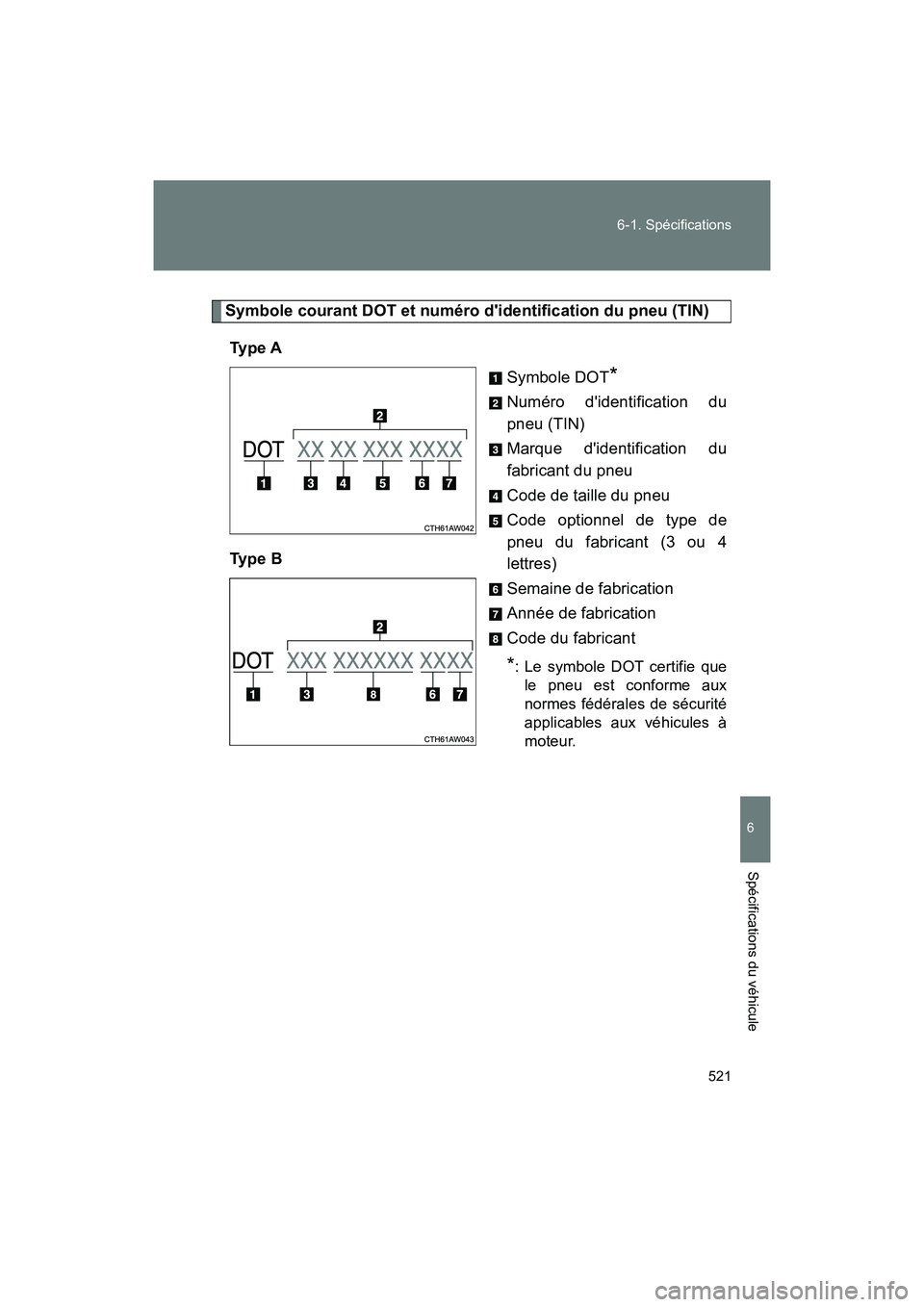 TOYOTA 86 2018 Manuel du propriétaire (in French) 521
6-1. Spécifications
6
Spécifications du véhicule
86_D (OM18086D)
Symbole courant DOT et numéro didentification du pneu (TIN)
Ty p e A Symbole DOT
*
Numéro didentification du
pneu (TIN)
Mar TOYOTA 86 2018 Manuel du propriétaire (in French) 521
6-1. Spécifications
6
Spécifications du véhicule
86_D (OM18086D)
Symbole courant DOT et numéro didentification du pneu (TIN)
Ty p e A Symbole DOT
*
Numéro didentification du
pneu (TIN)
Mar