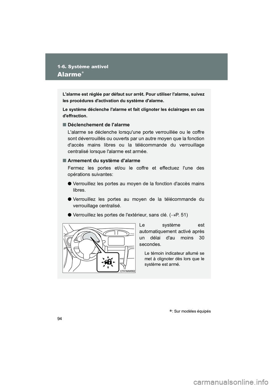 TOYOTA 86 2018 Manuel du propriétaire (in French) 94
1-6. Système antivol
86_D (OM18086D)
Alarme
: Sur modèles équipés
Lalarme est réglée par défaut sur arrêt. Pour utiliser lalarme, suivez
les procédures dactivation du système da TOYOTA 86 2018 Manuel du propriétaire (in French) 94
1-6. Système antivol
86_D (OM18086D)
Alarme
: Sur modèles équipés
Lalarme est réglée par défaut sur arrêt. Pour utiliser lalarme, suivez
les procédures dactivation du système da