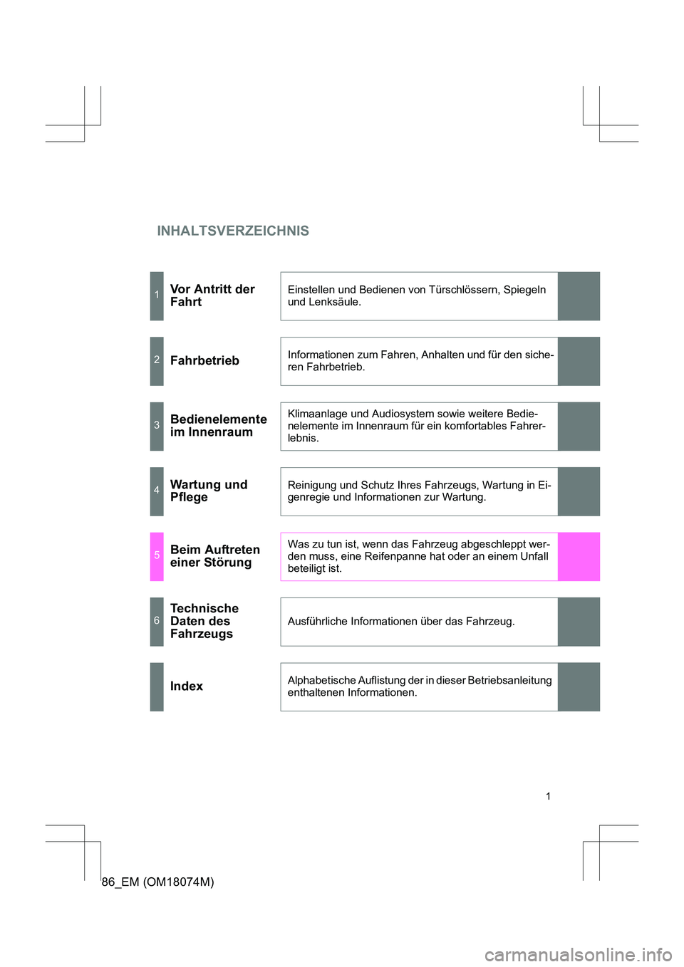 TOYOTA 86 2017  Betriebsanleitungen (in German) INHALTSVERZEICHNIS
86_EM (OM18074M)
1
1Vor Antritt der 
FahrtEinstellen und Bedienen von Türschlössern, Spiegeln 
und Lenksäule.
2FahrbetriebInformationen zum Fahren, Anhalten und für den siche-
r