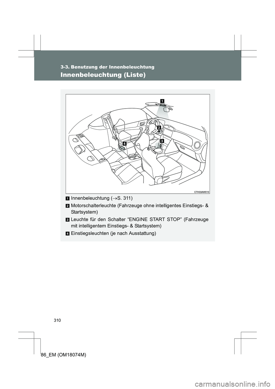 TOYOTA 86 2017  Betriebsanleitungen (in German) 310
86_EM (OM18074M)
3-3. Benutzung der Innenbeleuchtung
Innenbeleuchtung (Liste)
Innenbeleuchtung (→S. 311)
Motorschalterleuchte (Fahrzeuge ohne intelligentes Einstiegs- &
Sta rts ys te m )
Leuchte