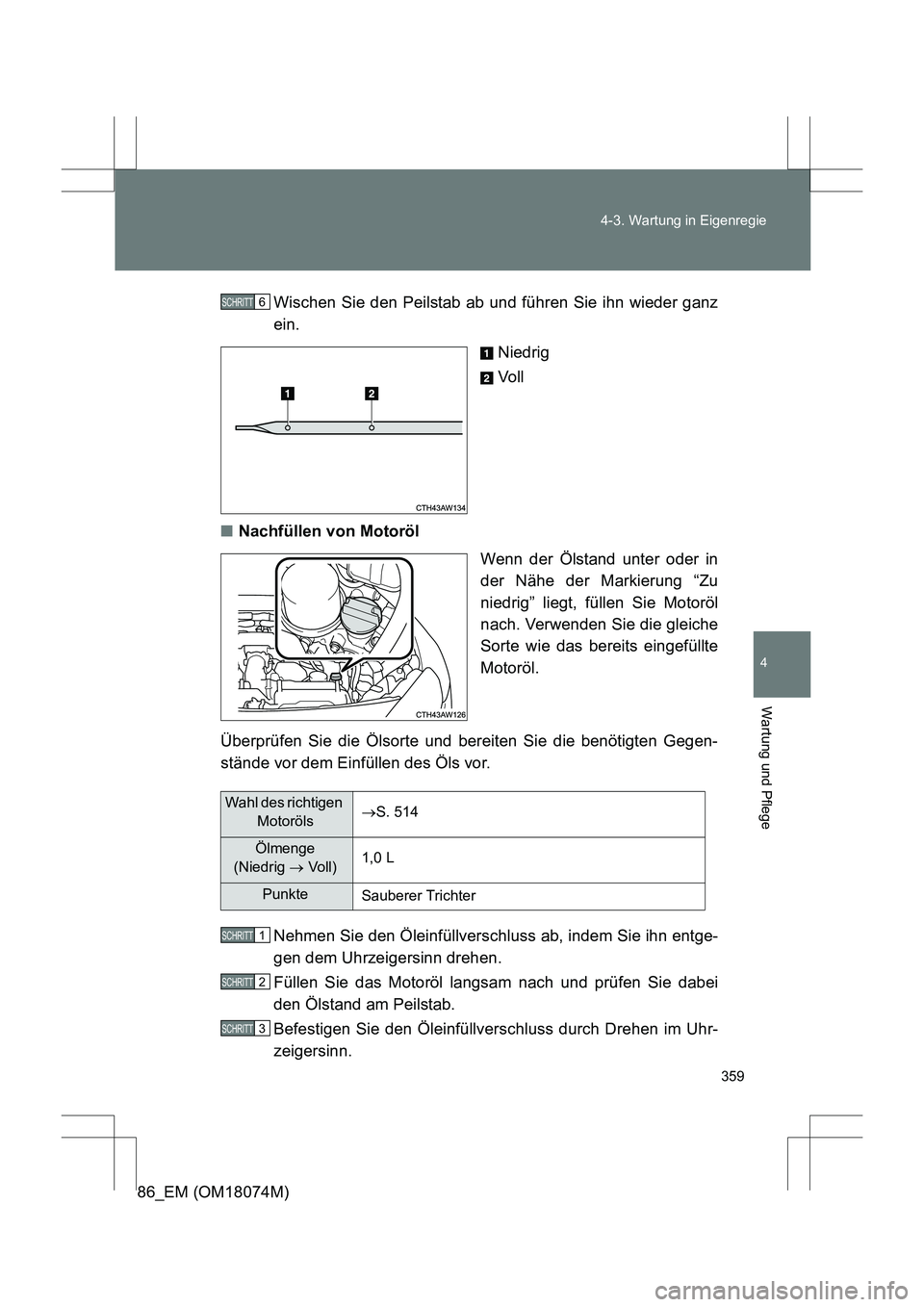 TOYOTA 86 2017 Betriebsanleitungen (in German) 359
4-3. Wartung in Eigenregie
4
Wartung und Pflege
86_EM (OM18074M)
Wischen Sie den Peilstab ab und führen Sie ihn wieder ganz
ein.
Niedrig
Vo l l
■ Nachfüllen von Motoröl
Wenn der Ölstand unte TOYOTA 86 2017 Betriebsanleitungen (in German) 359
4-3. Wartung in Eigenregie
4
Wartung und Pflege
86_EM (OM18074M)
Wischen Sie den Peilstab ab und führen Sie ihn wieder ganz
ein.
Niedrig
Vo l l
■ Nachfüllen von Motoröl
Wenn der Ölstand unte