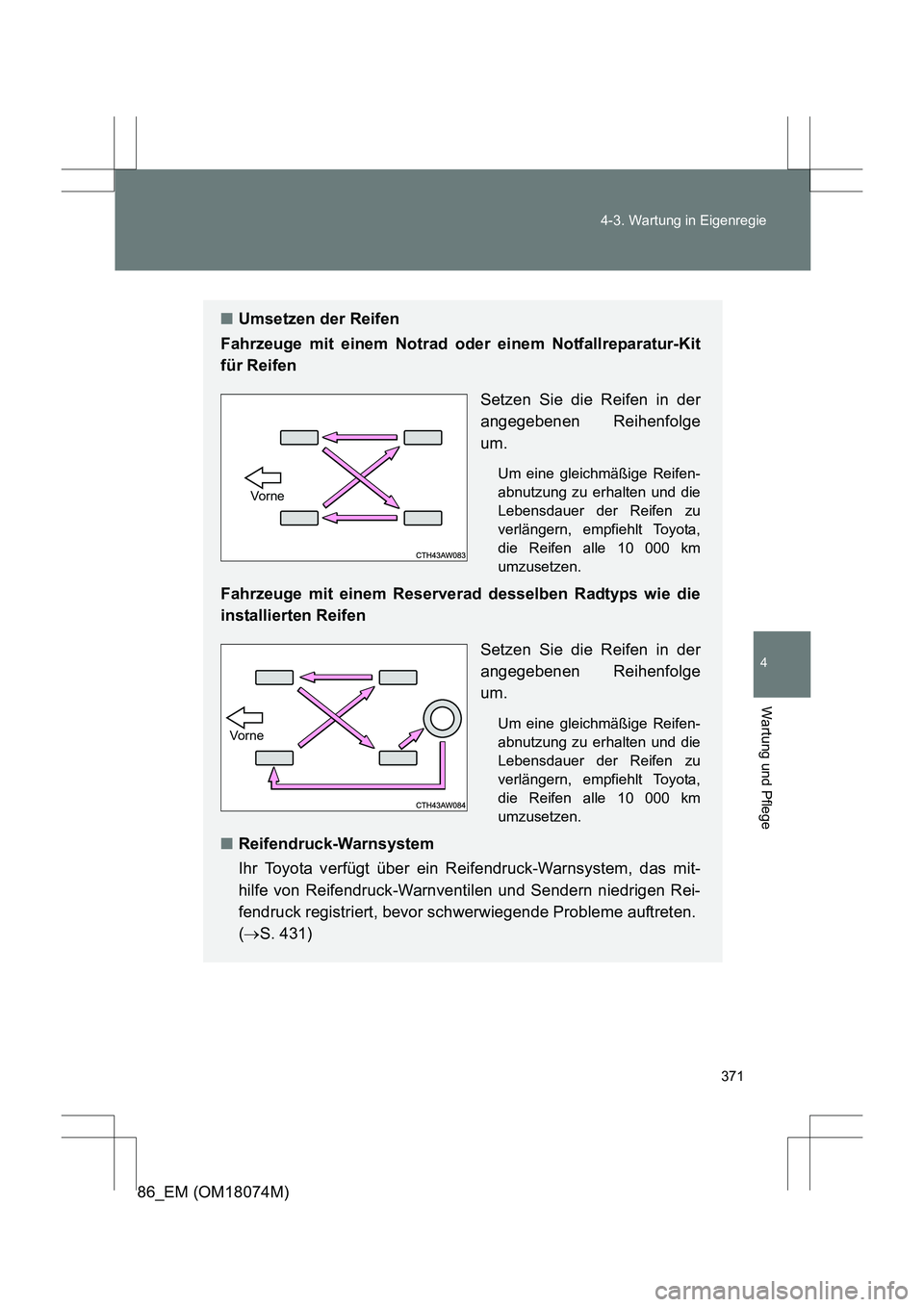 TOYOTA 86 2017 Betriebsanleitungen (in German) 371
4-3. Wartung in Eigenregie
4
Wartung und Pflege
86_EM (OM18074M)
■
Umsetzen der Reifen
Fahrzeuge mit einem Notrad oder einem Notfallreparatur-Kit
für Reifen
Setzen Sie die Reifen in der
angegeb TOYOTA 86 2017 Betriebsanleitungen (in German) 371
4-3. Wartung in Eigenregie
4
Wartung und Pflege
86_EM (OM18074M)
■
Umsetzen der Reifen
Fahrzeuge mit einem Notrad oder einem Notfallreparatur-Kit
für Reifen
Setzen Sie die Reifen in der
angegeb