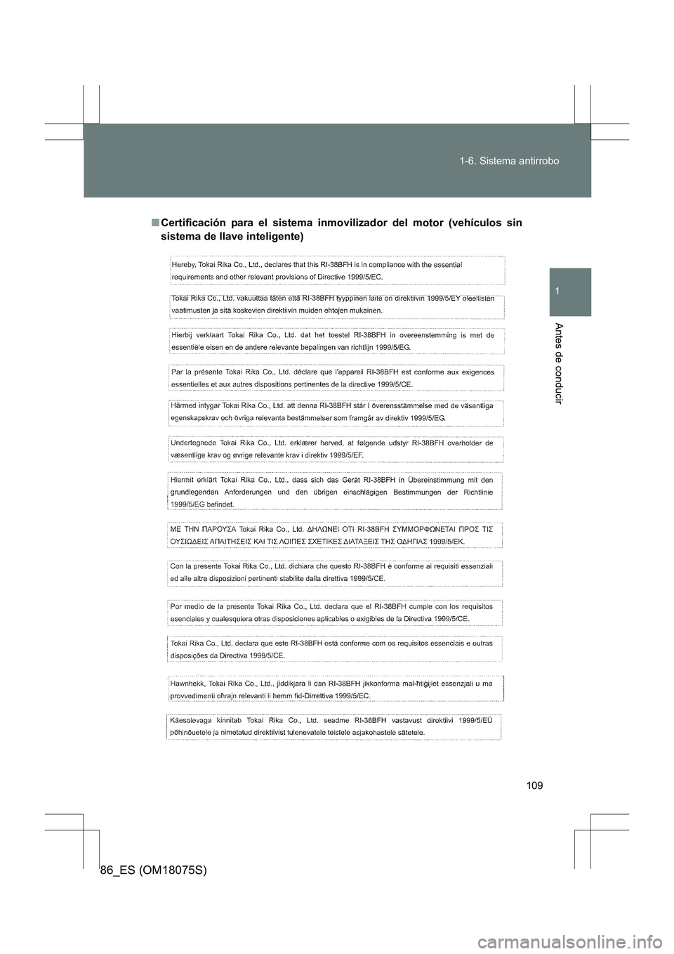 TOYOTA 86 2017  Manual del propietario (in Spanish) 109
1-6. Sistema antirrobo
1
Antes de conducir
86_ES (OM18075S)
■
Certificación para el sistema inmovilizador del motor (vehículos sin
sistema de llave inteligente) 