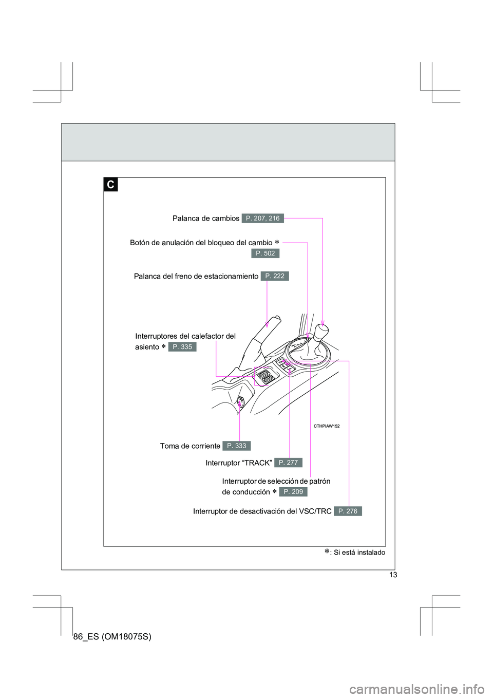 TOYOTA 86 2017  Manual del propietario (in Spanish) 86_ES (OM18075S)
13
C
Palanca del freno de estacionamiento P. 222
Interruptor de desactivación del VSC/TRC P. 276
Interruptores del calefactor del 
asiento 
∗ P. 335
Interruptor “TRACK” P. 277
