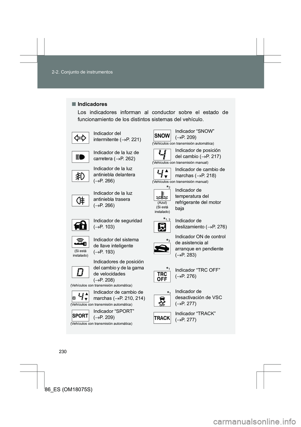 TOYOTA 86 2017 Manual del propietario (in Spanish) 230
2-2. Conjunto de instrumentos
86_ES (OM18075S)
■
Indicadores
Los indicadores informan al conductor sobre el estado de
funcionamiento de los distintos sistemas del vehículo.
Indicador del
inter TOYOTA 86 2017 Manual del propietario (in Spanish) 230
2-2. Conjunto de instrumentos
86_ES (OM18075S)
■
Indicadores
Los indicadores informan al conductor sobre el estado de
funcionamiento de los distintos sistemas del vehículo.
Indicador del
inter