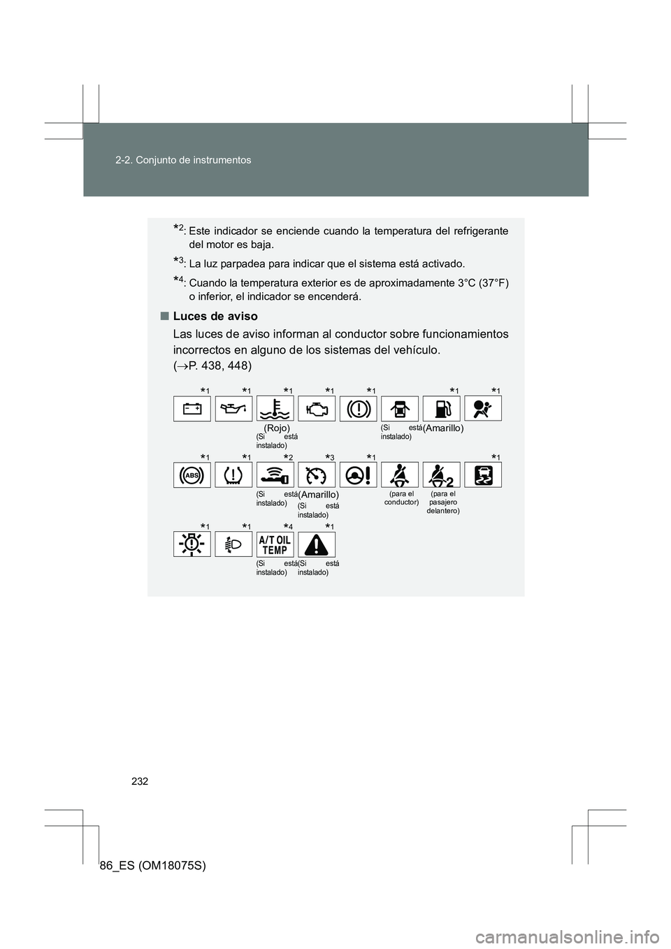 TOYOTA 86 2017  Manual del propietario (in Spanish) 232
2-2. Conjunto de instrumentos
86_ES (OM18075S)
*2: Este indicador se enciende cuando la temperatura del refrigerante
del motor es baja.
*3: La luz parpadea para indicar que el sistema está activa