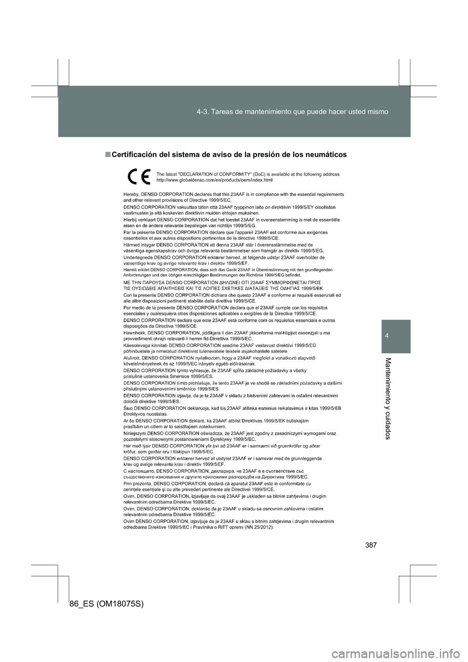 TOYOTA 86 2017 Manual del propietario (in Spanish) 387
4-3. Tareas de mantenimiento que puede hacer usted mismo
4
Mantenimiento y cuidados
86_ES (OM18075S)
■
Certificación del sistema de aviso de la presión de los neumáticos TOYOTA 86 2017 Manual del propietario (in Spanish) 387
4-3. Tareas de mantenimiento que puede hacer usted mismo
4
Mantenimiento y cuidados
86_ES (OM18075S)
■
Certificación del sistema de aviso de la presión de los neumáticos