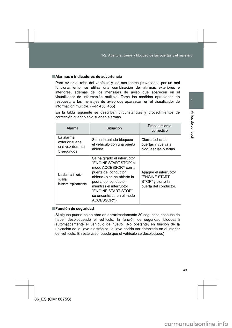 TOYOTA 86 2017  Manual del propietario (in Spanish) 43
1-2. Apertura, cierre y bloqueo de las puertas y el maletero
1
Antes de conducir
86_ES (OM18075S)
■
Alarmas e indicadores de advertencia
Para evitar el robo del vehículo y los accidentes provoca