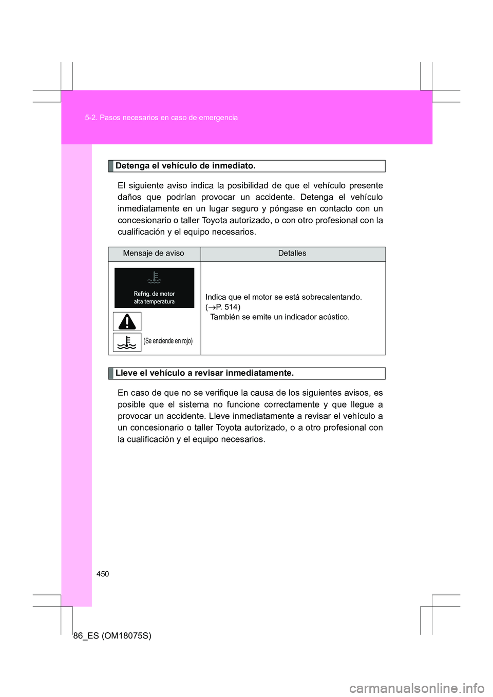 TOYOTA 86 2017 Manual del propietario (in Spanish) 450
5-2. Pasos necesarios en caso de emergencia
86_ES (OM18075S)
Detenga el vehículo de inmediato.
El siguiente aviso indica la posibilidad de que el vehículo presente
daños que podrían provocar u TOYOTA 86 2017 Manual del propietario (in Spanish) 450
5-2. Pasos necesarios en caso de emergencia
86_ES (OM18075S)
Detenga el vehículo de inmediato.
El siguiente aviso indica la posibilidad de que el vehículo presente
daños que podrían provocar u