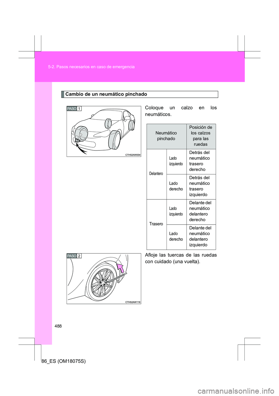 TOYOTA 86 2017 Manual del propietario (in Spanish) 488
5-2. Pasos necesarios en caso de emergencia
86_ES (OM18075S)
Cambio de un neumático pinchado
Coloque un calzo en los
neumáticos.
Afloje las tuercas de las ruedas
con cuidado (una vuelta).
1 PASO TOYOTA 86 2017 Manual del propietario (in Spanish) 488
5-2. Pasos necesarios en caso de emergencia
86_ES (OM18075S)
Cambio de un neumático pinchado
Coloque un calzo en los
neumáticos.
Afloje las tuercas de las ruedas
con cuidado (una vuelta).
1 PASO