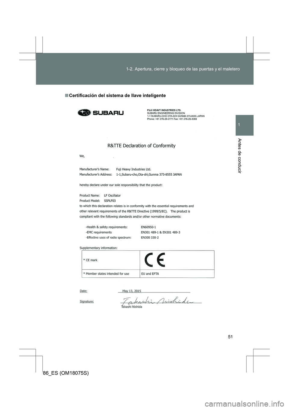 TOYOTA 86 2017  Manual del propietario (in Spanish) 51
1-2. Apertura, cierre y bloqueo de las puertas y el maletero
1
Antes de conducir
86_ES (OM18075S)
■
Certificación del sistema de llave inteligente 