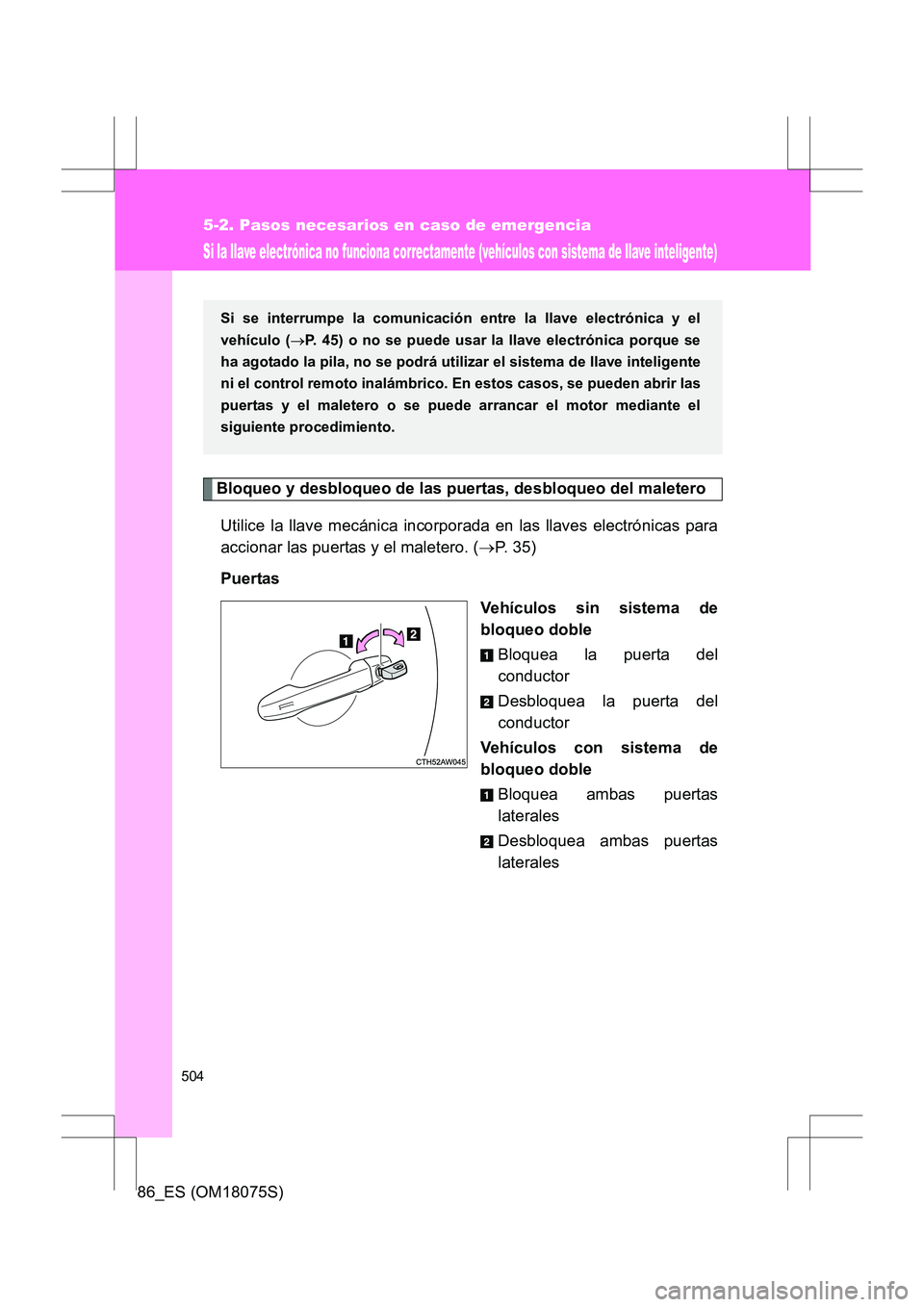 TOYOTA 86 2017 Manual del propietario (in Spanish) 504
5-2. Pasos necesarios en caso de emergencia
86_ES (OM18075S)
Si la llave electrónica no funciona correctamente (vehículos con sistema de llave inteligente)
Bloqueo y desbloqueo de las puertas, d TOYOTA 86 2017 Manual del propietario (in Spanish) 504
5-2. Pasos necesarios en caso de emergencia
86_ES (OM18075S)
Si la llave electrónica no funciona correctamente (vehículos con sistema de llave inteligente)
Bloqueo y desbloqueo de las puertas, d