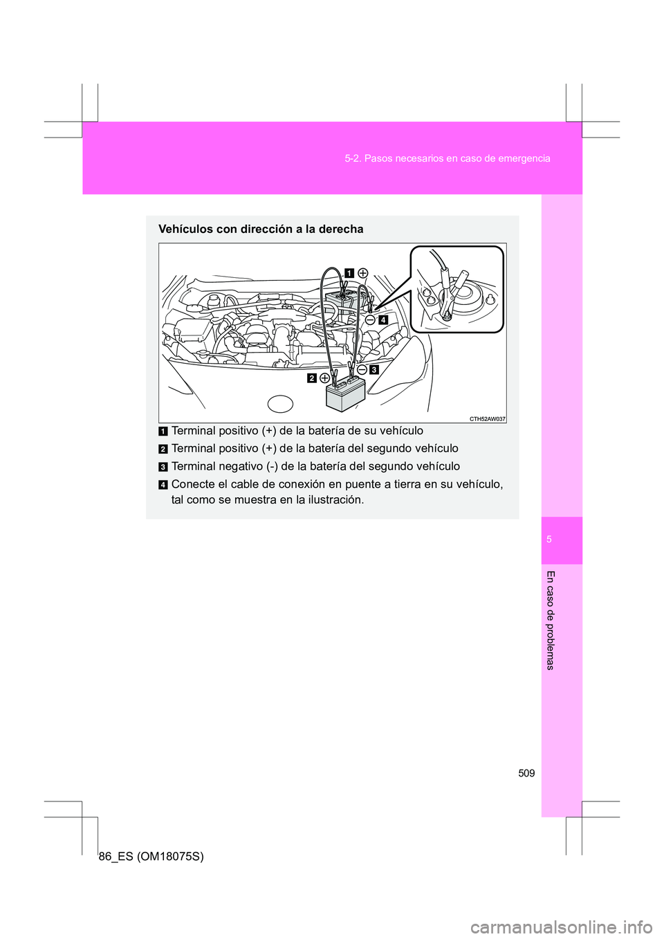 TOYOTA 86 2017 Manual del propietario (in Spanish) 5
509
5-2. Pasos necesarios en caso de emergencia
En caso de problemas
86_ES (OM18075S)
Vehículos con dirección a la derecha
Terminal positivo (+) de la batería de su vehículo
Terminal positivo (+ TOYOTA 86 2017 Manual del propietario (in Spanish) 5
509
5-2. Pasos necesarios en caso de emergencia
En caso de problemas
86_ES (OM18075S)
Vehículos con dirección a la derecha
Terminal positivo (+) de la batería de su vehículo
Terminal positivo (+