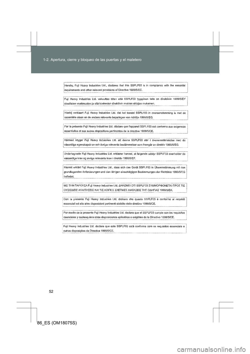 TOYOTA 86 2017  Manual del propietario (in Spanish) 52
1-2. Apertura, cierre y bloqueo de las puertas y el maletero
86_ES (OM18075S) 