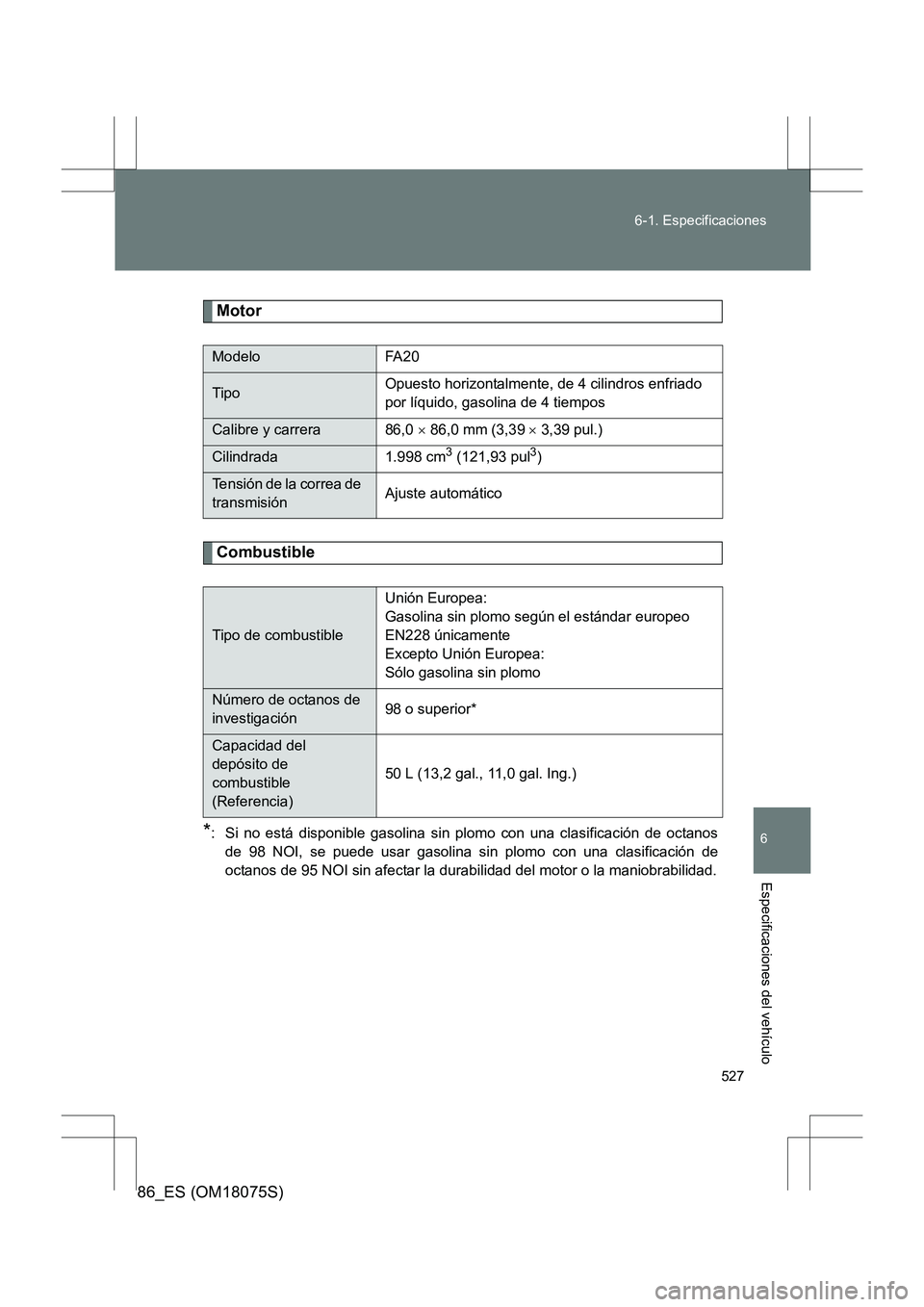TOYOTA 86 2017  Manual del propietario (in Spanish) 527
6-1. Especificaciones
6
Especificaciones del vehículo
86_ES (OM18075S)
Motor
Combustible
*: Si no está disponible gasolina sin plomo con una clasificación de octanos
de 98 NOI, se puede usar ga