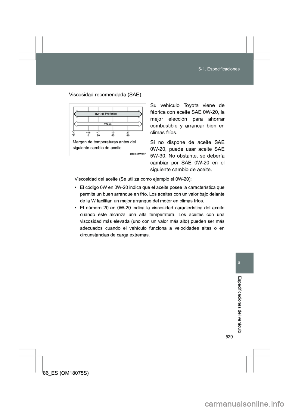 TOYOTA 86 2017  Manual del propietario (in Spanish) 529
6-1. Especificaciones
6
Especificaciones del vehículo
86_ES (OM18075S)
Viscosidad recomendada (SAE):
Su vehículo Toyota viene de
fábrica con aceite SAE 0W-20, la
mejor elección para ahorrar
co