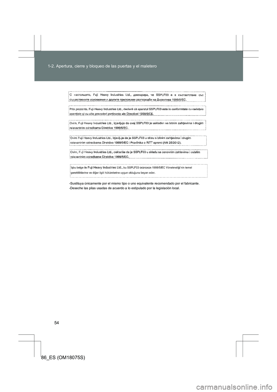 TOYOTA 86 2017  Manual del propietario (in Spanish) 54
1-2. Apertura, cierre y bloqueo de las puertas y el maletero
86_ES (OM18075S)
-Sustituya únicamente por el mismo tipo o uno equivalente recomendado por el fabricante.
-Deseche las pilas usadas de 