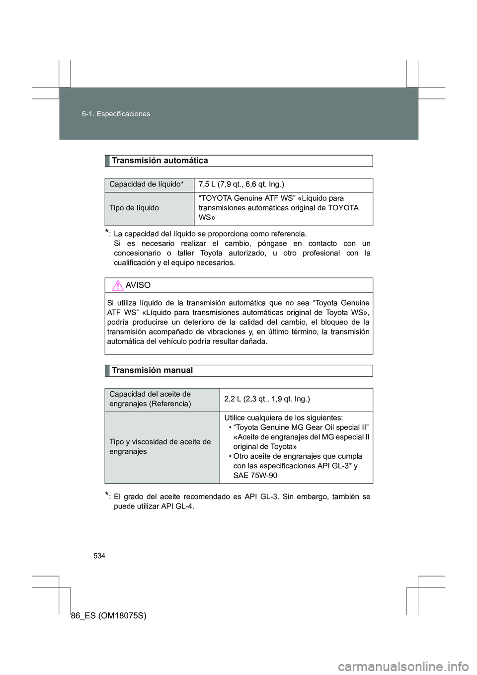 TOYOTA 86 2017  Manual del propietario (in Spanish) 534
6-1. Especificaciones
86_ES (OM18075S)
Transmisión automática
*: La capacidad del líquido se proporciona como referencia. 
Si es necesario realizar el cambio, póngase en contacto con un
conces