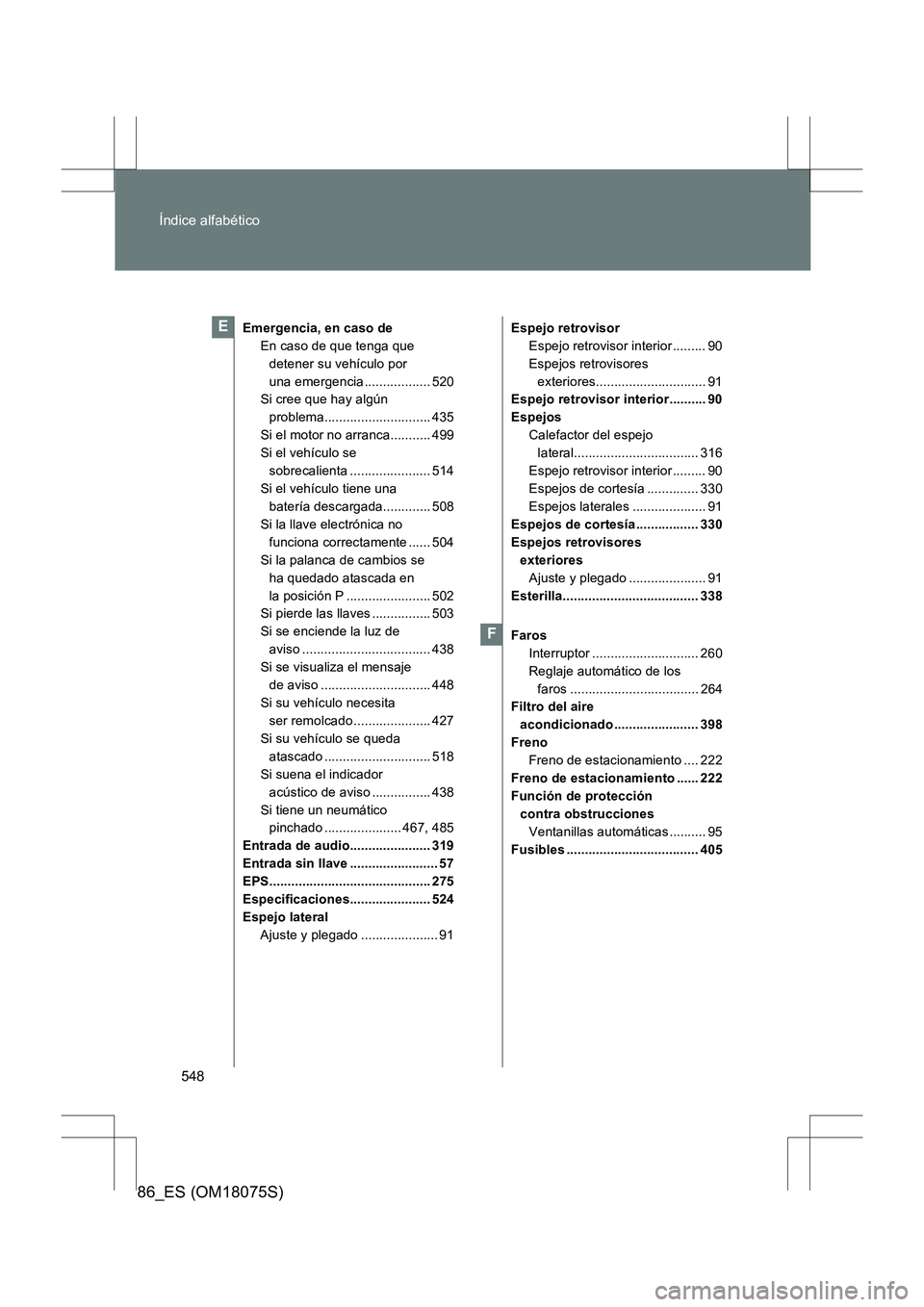 TOYOTA 86 2017  Manual del propietario (in Spanish) 548
Índice alfabético
86_ES (OM18075S)
Emergencia, en caso de
En caso de que tenga que detener su vehículo por 
una emergencia.................. 520
Si cree que hay algún 
problema................