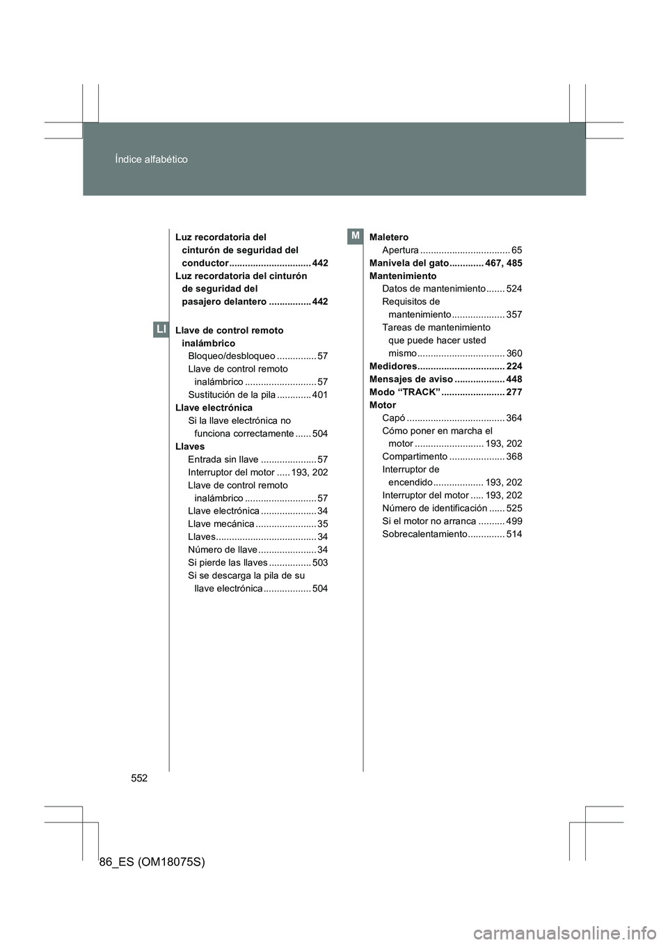 TOYOTA 86 2017  Manual del propietario (in Spanish) 552
Índice alfabético
86_ES (OM18075S)
Luz recordatoria del 
cinturón de seguridad del 
conductor............................... 442
Luz recordatoria del cinturón  de seguridad del 
pasajero delan