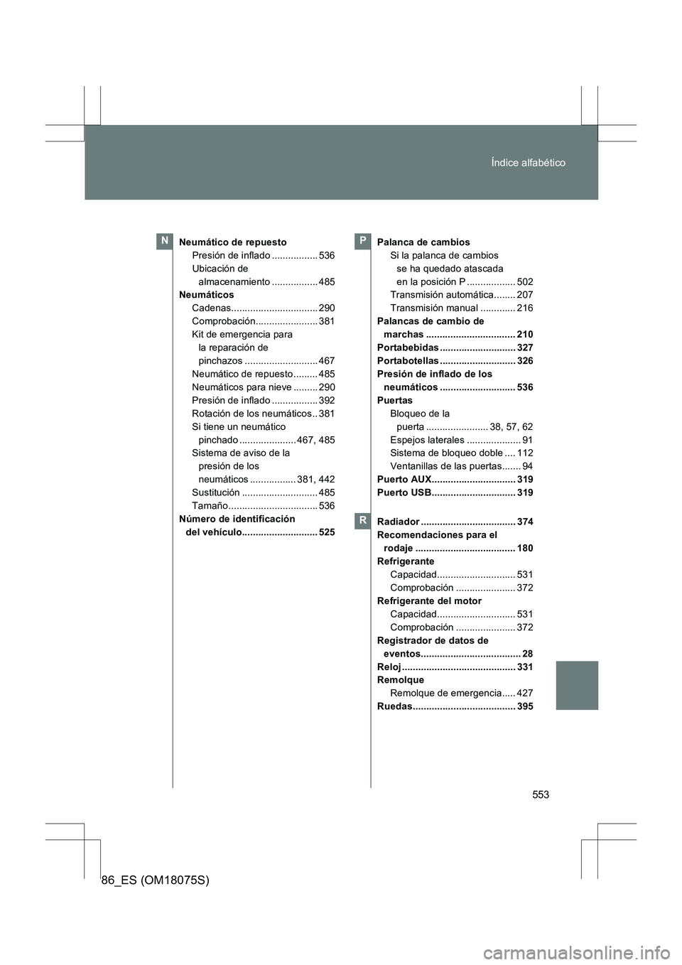 TOYOTA 86 2017  Manual del propietario (in Spanish) 553
Índice alfabético
86_ES (OM18075S)
Neumático de repuesto
Presión de inflado ................. 536
Ubicación de almacenamiento ................. 485
Neumáticos
Cadenas........................