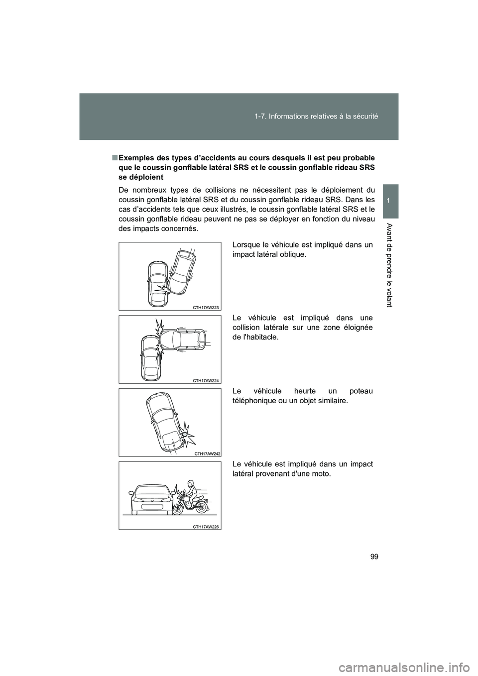 TOYOTA 86 2017  Manuel du propriétaire (in French) 99
1-7. Informations relatives à la sécurité
1
Avant de prendre le volant
86_D_(OM18069D)
■
Exemples des types d’accidents au co urs desquels il est peu probable
que le coussin gonflable latér