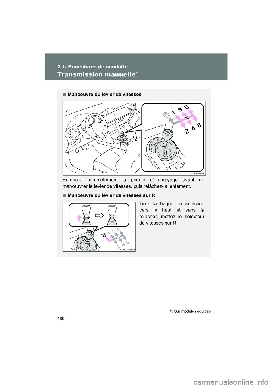 TOYOTA 86 2017  Manuel du propriétaire (in French) 160
2-1. Procédures de conduite
86_D_(OM18069D)
Transmission manuelle∗
∗: Sur modèles équipés
■Manoeuvre du levier de vitesses
Enfoncez complètement la pédale dembrayage avant de
manœuvr