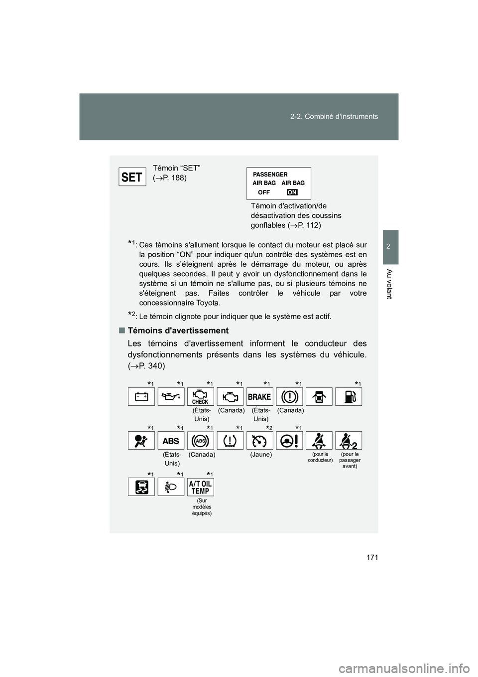 TOYOTA 86 2017 Manuel du propriétaire (in French) 171
2-2. Combiné dinstruments
2
Au volant
86_D_(OM18069D)
*1: Ces témoins sallument lorsque le contact du moteur est placé sur
la position “ON” pour indiquer quun contrôle des systèmes est TOYOTA 86 2017 Manuel du propriétaire (in French) 171
2-2. Combiné dinstruments
2
Au volant
86_D_(OM18069D)
*1: Ces témoins sallument lorsque le contact du moteur est placé sur
la position “ON” pour indiquer quun contrôle des systèmes est