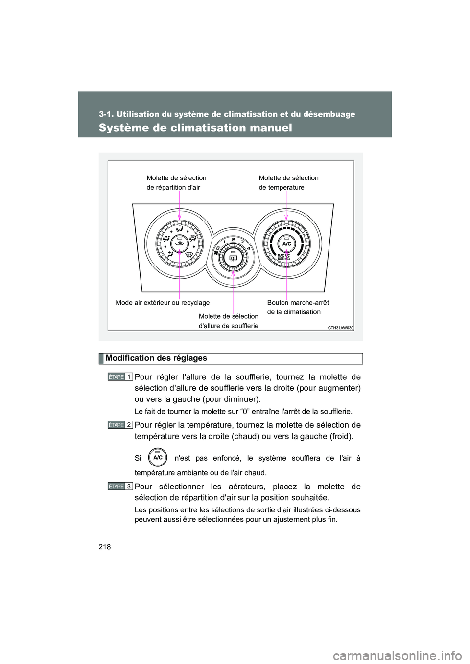 TOYOTA 86 2017  Manuel du propriétaire (in French) 218
86_D_(OM18069D)
3-1. Utilisation du système de climatisation et du désembuage
Système de climatisation manuel
Modification des réglagesPour régler lallure de la soufflerie, tournez la molett