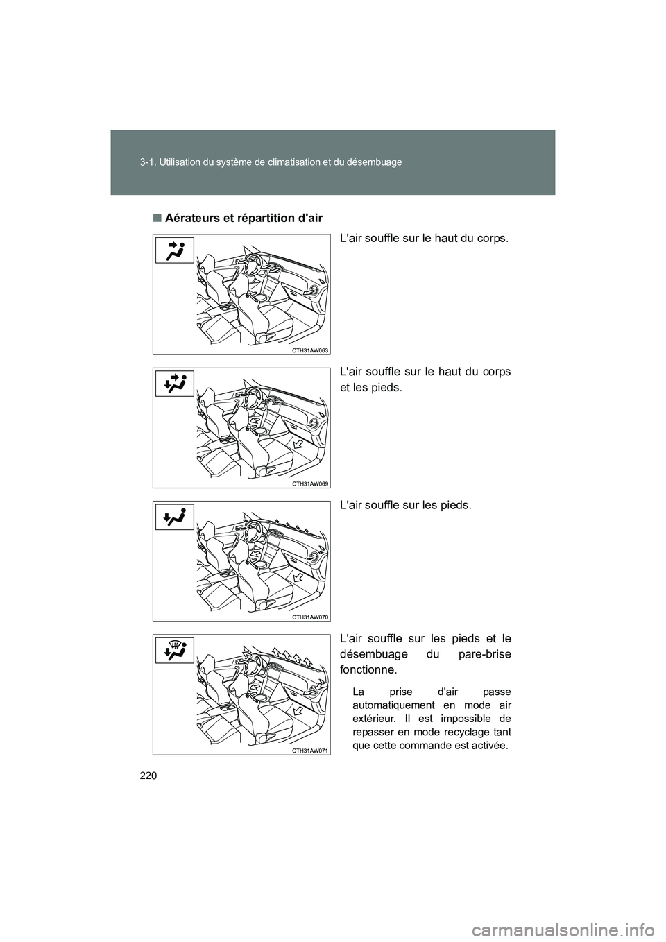 TOYOTA 86 2017  Manuel du propriétaire (in French) 220
3-1. Utilisation du système de climatisation et du désembuage
86_D_(OM18069D)■
Aérateurs et répartition dair
Lair souffle sur le haut du corps.
Lair souffle sur le haut du corps
et les pi