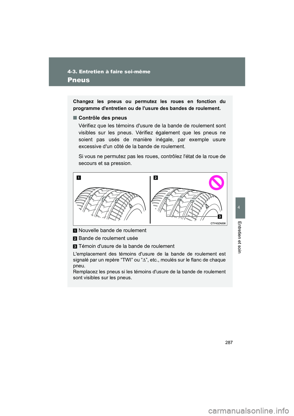 TOYOTA 86 2017  Manuel du propriétaire (in French) 287
4-3. Entretien à faire soi-même
4
Entretien et soin
86_D_(OM18069D)
Pneus
Changez les pneus ou permutez les roues en fonction du
programme dentretien ou de lusure des bandes de roulement.
■C