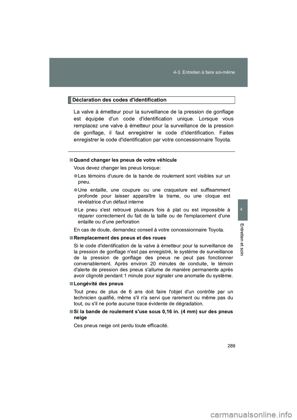 TOYOTA 86 2017 Manuel du propriétaire (in French) 289
4-3. Entretien à faire soi-même
4
Entretien et soin
86_D_(OM18069D)
Déclaration des codes didentification
La valve à émetteur pour la surveillance de la pression de gonflage
est équipée d TOYOTA 86 2017 Manuel du propriétaire (in French) 289
4-3. Entretien à faire soi-même
4
Entretien et soin
86_D_(OM18069D)
Déclaration des codes didentification
La valve à émetteur pour la surveillance de la pression de gonflage
est équipée d
