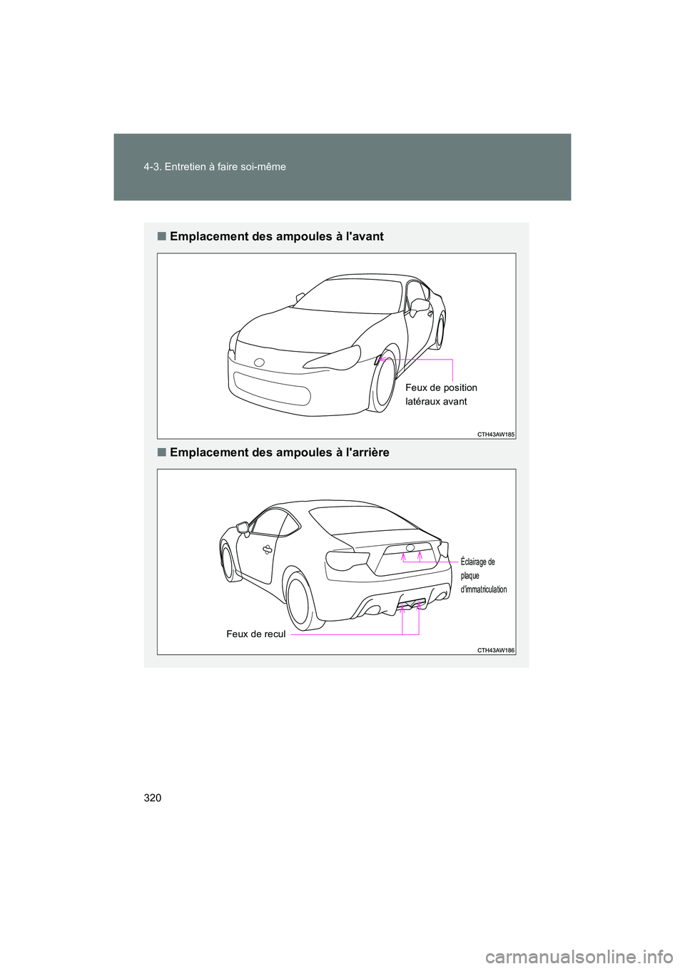 TOYOTA 86 2017  Manuel du propriétaire (in French) 320 4-3. Entretien à faire soi-même
86_D_(OM18069D)
■Emplacement des ampoules à lavant
■ Emplacement des ampoules à larrière
Feux de position 
latéraux avant
Feux de recul
Éclairage de 
p