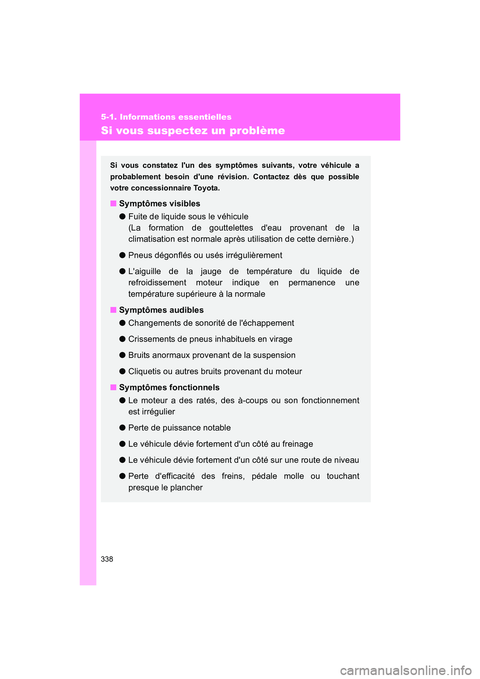 TOYOTA 86 2017 Manuel du propriétaire (in French) 338
5-1. Informations essentielles
86_D_(OM18069D)
Si vous suspectez un problème
Si vous constatez lun des symptômes suivants, votre véhicule a
probablement besoin dune révision. Contactez dès TOYOTA 86 2017 Manuel du propriétaire (in French) 338
5-1. Informations essentielles
86_D_(OM18069D)
Si vous suspectez un problème
Si vous constatez lun des symptômes suivants, votre véhicule a
probablement besoin dune révision. Contactez dès