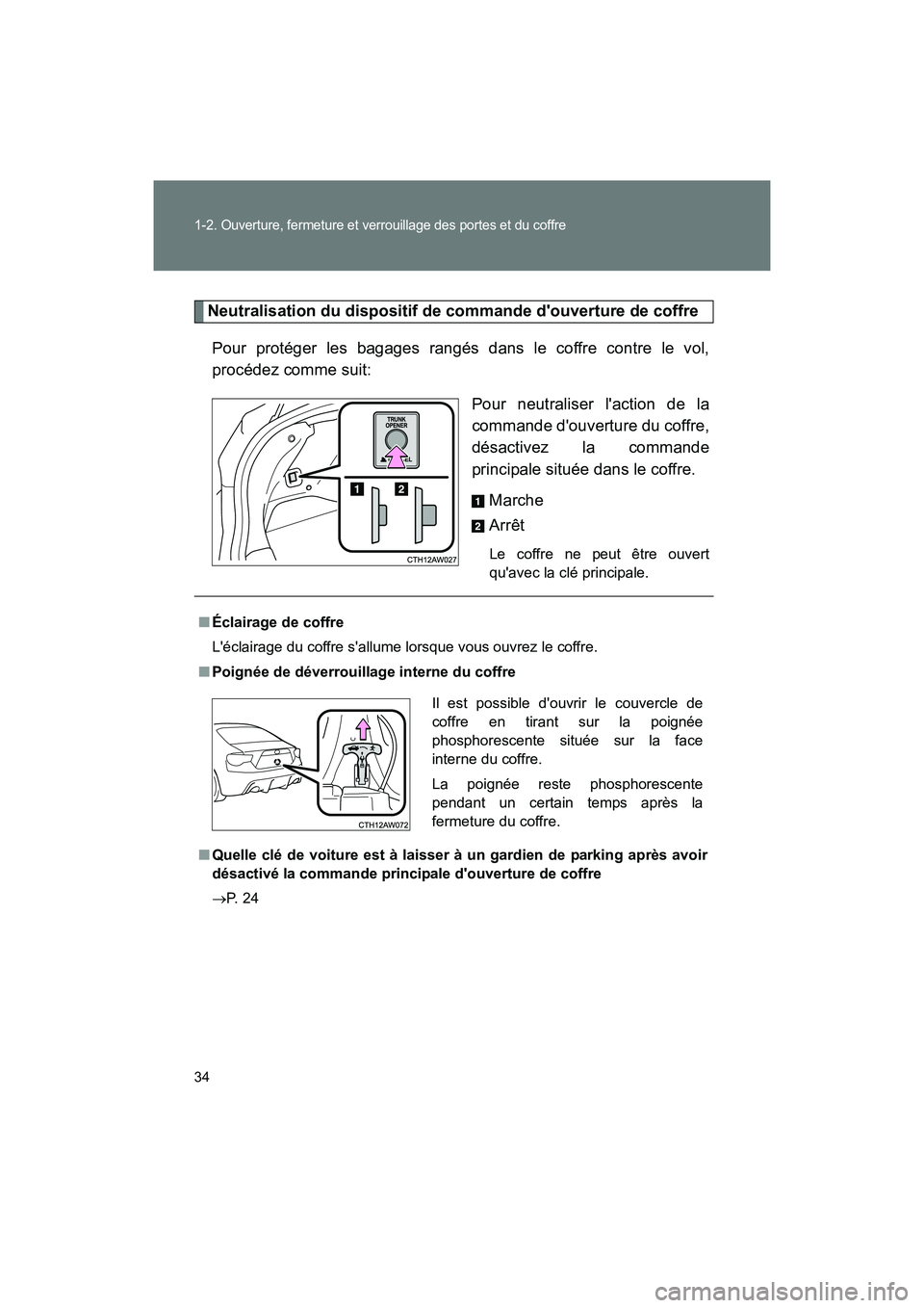 TOYOTA 86 2017  Manuel du propriétaire (in French) 34
1-2. Ouverture, fermeture et verrouillage des portes et du coffre
86_D_(OM18069D)
Neutralisation du dispositif de commande douverture de coffrePour protéger les bagages rangés dans le coffre con
