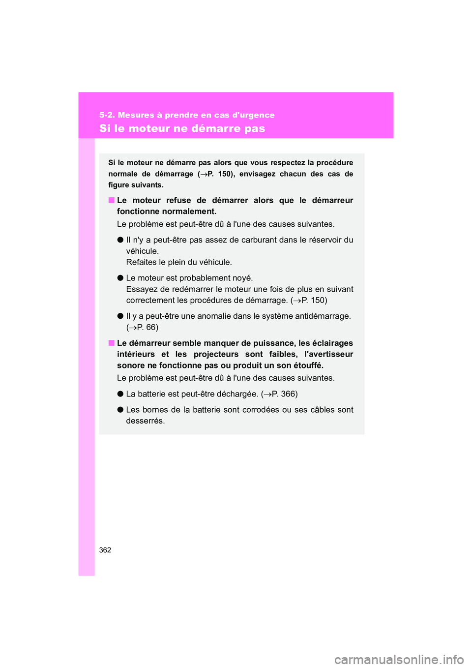 TOYOTA 86 2017 Manuel du propriétaire (in French) 362
5-2. Mesures à prendre en cas durgence
86_D_(OM18069D)
Si le moteur ne démarre pas
Si le moteur ne démarre pas alors que vous respectez la procédure
normale de démarrage (→P. 150), envisag TOYOTA 86 2017 Manuel du propriétaire (in French) 362
5-2. Mesures à prendre en cas durgence
86_D_(OM18069D)
Si le moteur ne démarre pas
Si le moteur ne démarre pas alors que vous respectez la procédure
normale de démarrage (→P. 150), envisag