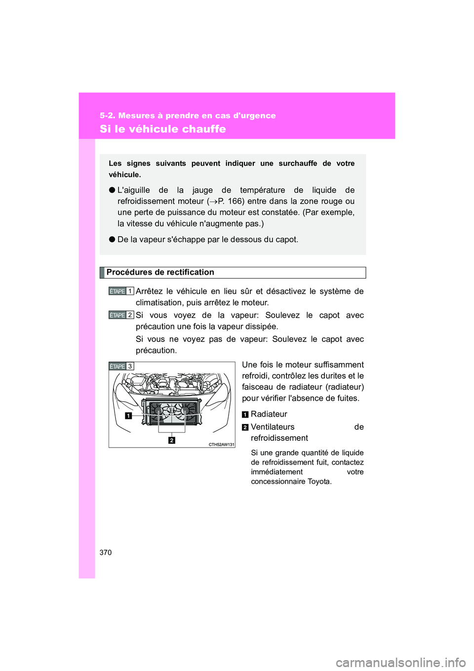 TOYOTA 86 2017 Manuel du propriétaire (in French) 370
5-2. Mesures à prendre en cas durgence
86_D_(OM18069D)
Si le véhicule chauffe
Procédures de rectificationArrêtez le véhicule en lieu sûr et désactivez le système de
climatisation, puis ar TOYOTA 86 2017 Manuel du propriétaire (in French) 370
5-2. Mesures à prendre en cas durgence
86_D_(OM18069D)
Si le véhicule chauffe
Procédures de rectificationArrêtez le véhicule en lieu sûr et désactivez le système de
climatisation, puis ar