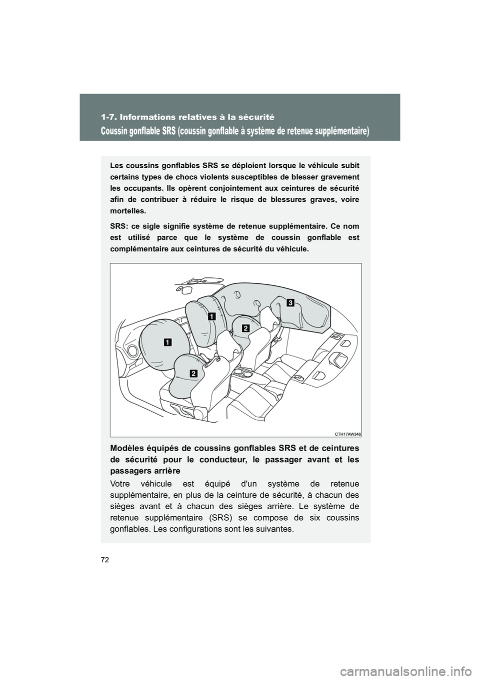 TOYOTA 86 2017  Manuel du propriétaire (in French) 72
1-7. Informations relatives à la sécurité
86_D_(OM18069D)
Coussin gonflable SRS (coussin gonflable à système de retenue supplémentaire)
Les coussins gonflables SRS se déploient lorsque le v