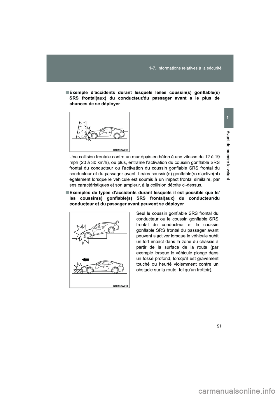 TOYOTA 86 2017  Manuel du propriétaire (in French) 91
1-7. Informations relatives à la sécurité
1
Avant de prendre le volant
86_D_(OM18069D)
■
Exemple d’accidents durant lesquels le/les coussin(s) gonflable(s)
SRS frontal(aux) du conducteur/du 