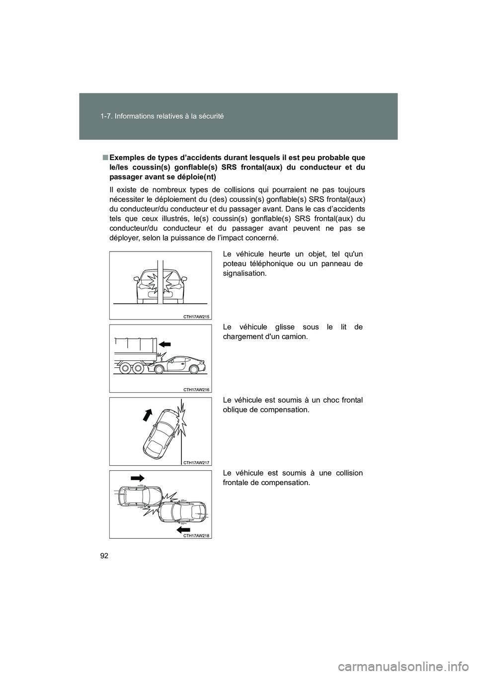 TOYOTA 86 2017  Manuel du propriétaire (in French) 92 1-7. Informations relatives à la sécurité
86_D_(OM18069D)
■Exemples de types d’accidents durant lesquels il est peu probable que
le/les coussin(s) gonflable(s) SRS frontal(aux) du conducteur